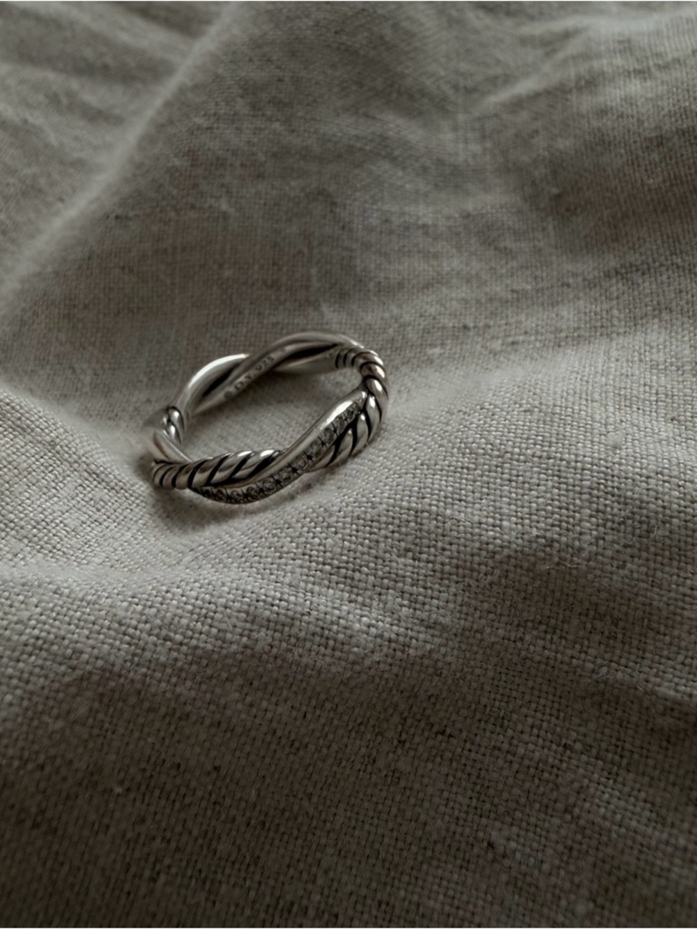 David Yurman Silver Twisted Cable and Smooth Interlink Ring with Pavé size 6